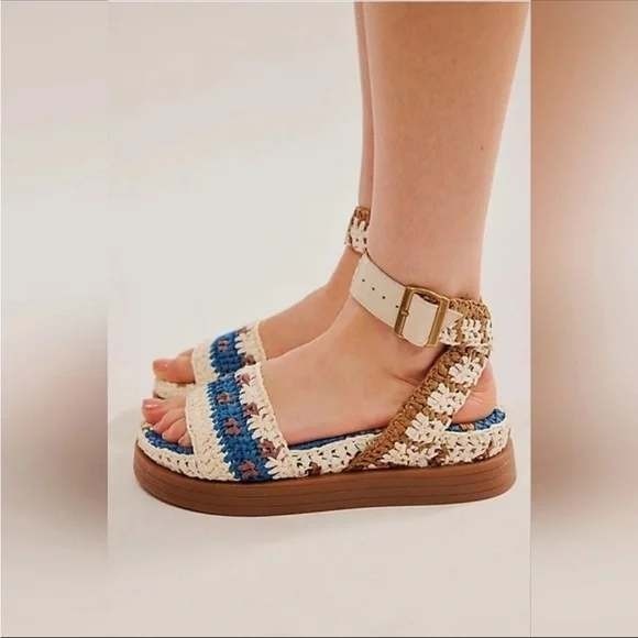 Free People Shoes - Free People Sandals Roma Raffia‎ Platform Women's Size 7 Blue Cream